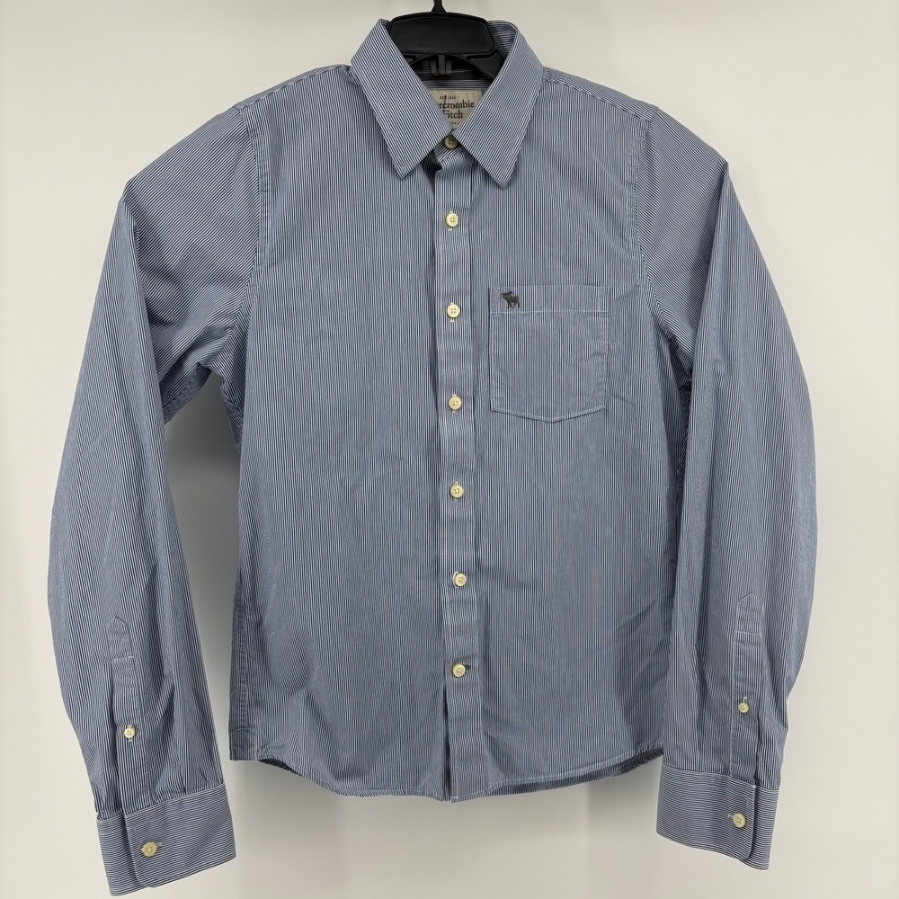 Abercrombie Fitch Mens Blue White Stripe Muscle Fit Button Up Shirt Size M - Picture 2 of 9